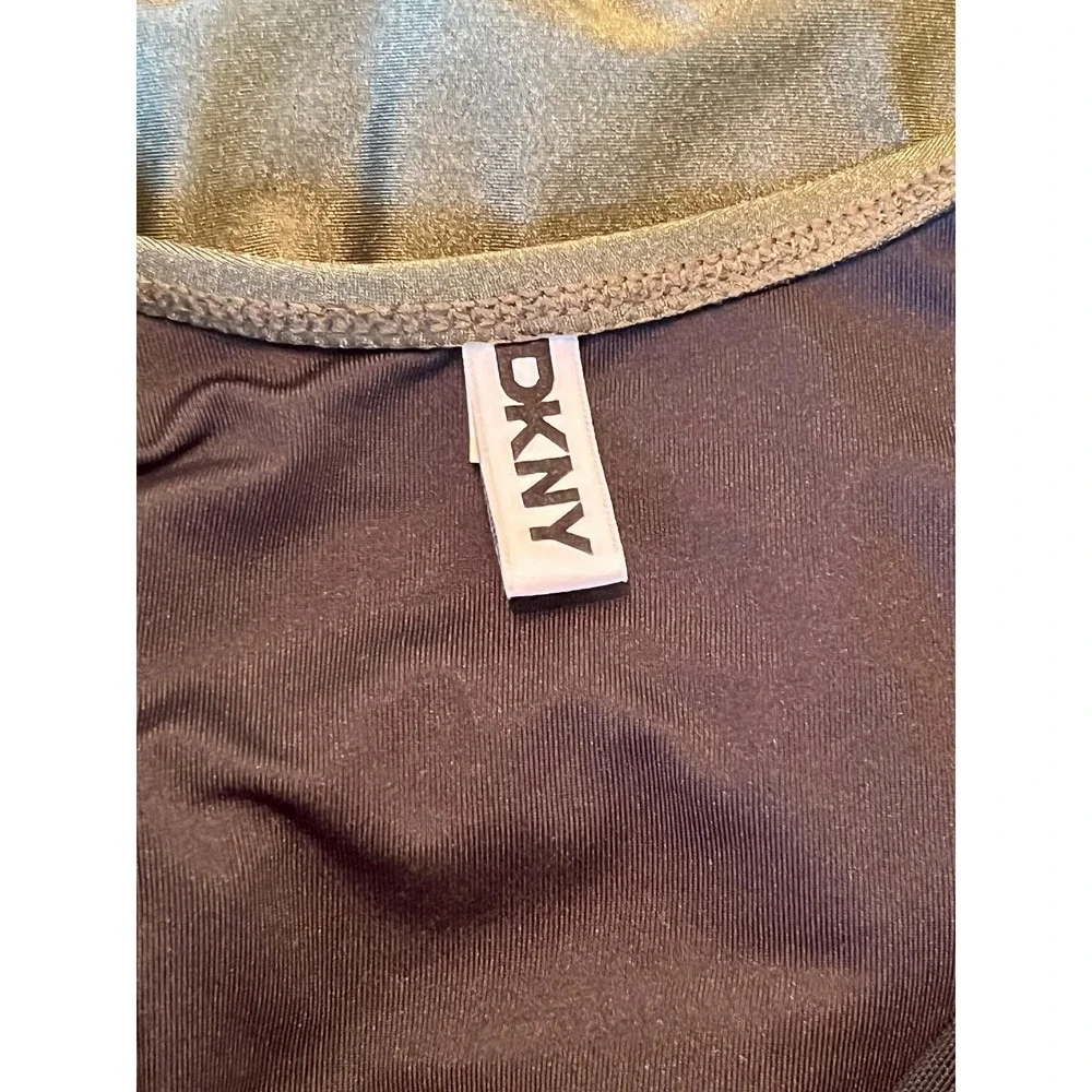 DKNY Green Metallic Twist Front One Piece Swimsuit Ruched Keyhole DIZMS518 L - Picture 7 of 11